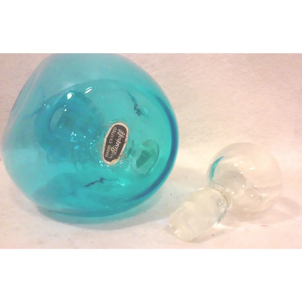 Vintage Blue Glass Decanter Pinched Bottle Mid-Century Barware Bischoff